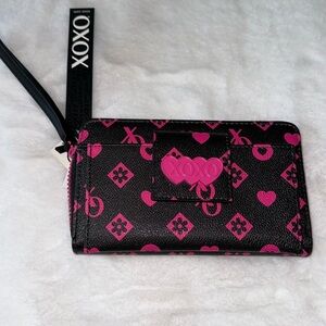 NWT XOXO black and hot pink Logo Print Zip-Around Wallet with Wristlet